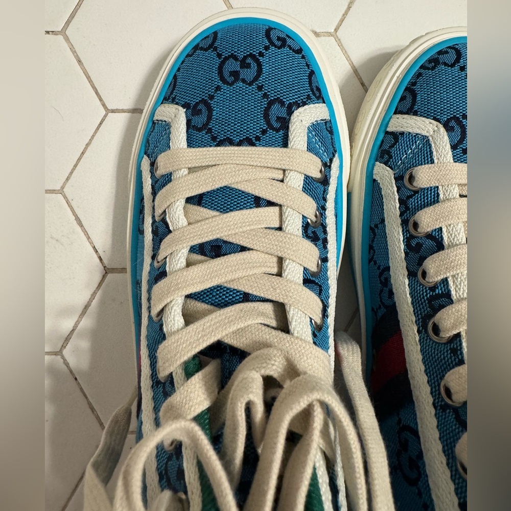 Gucci Teal/Blue Canvas Patterned High-Top Sneakers - Picture 7 of 16